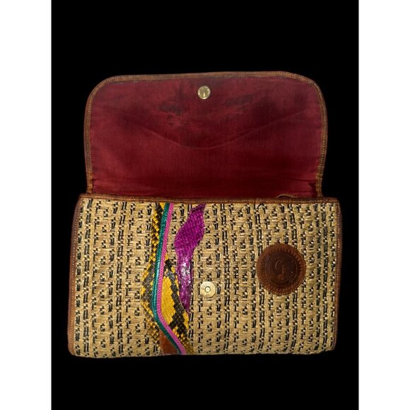 VTG Carlos Falchi Purse Brown Exotic Leathers Patchwork Envelope Clutch 80s USA - Picture 6 of 8